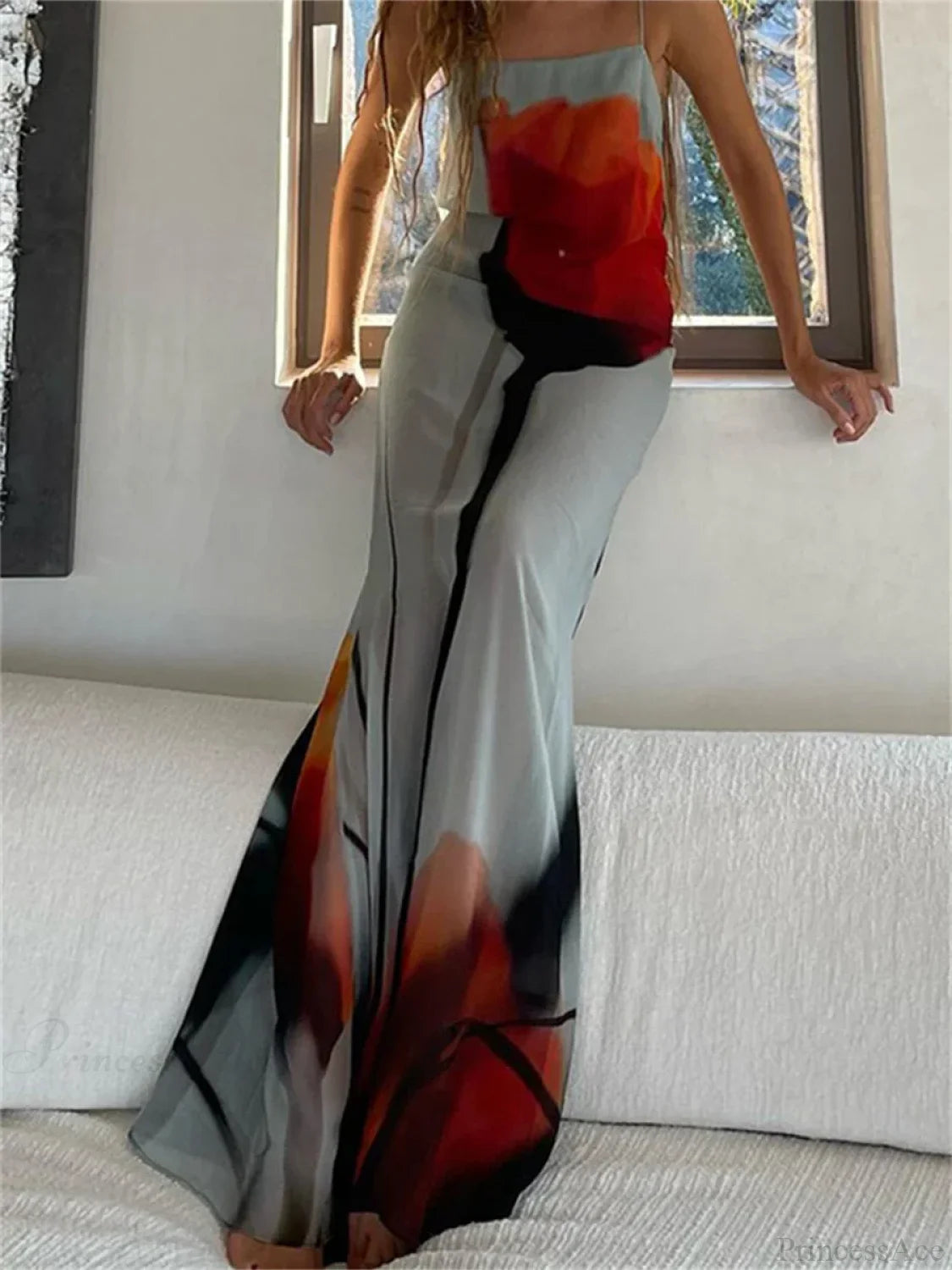 See-Through Abstract Floral Spaghetti Strap Loose Beach Holiday Dress floraldress-250126