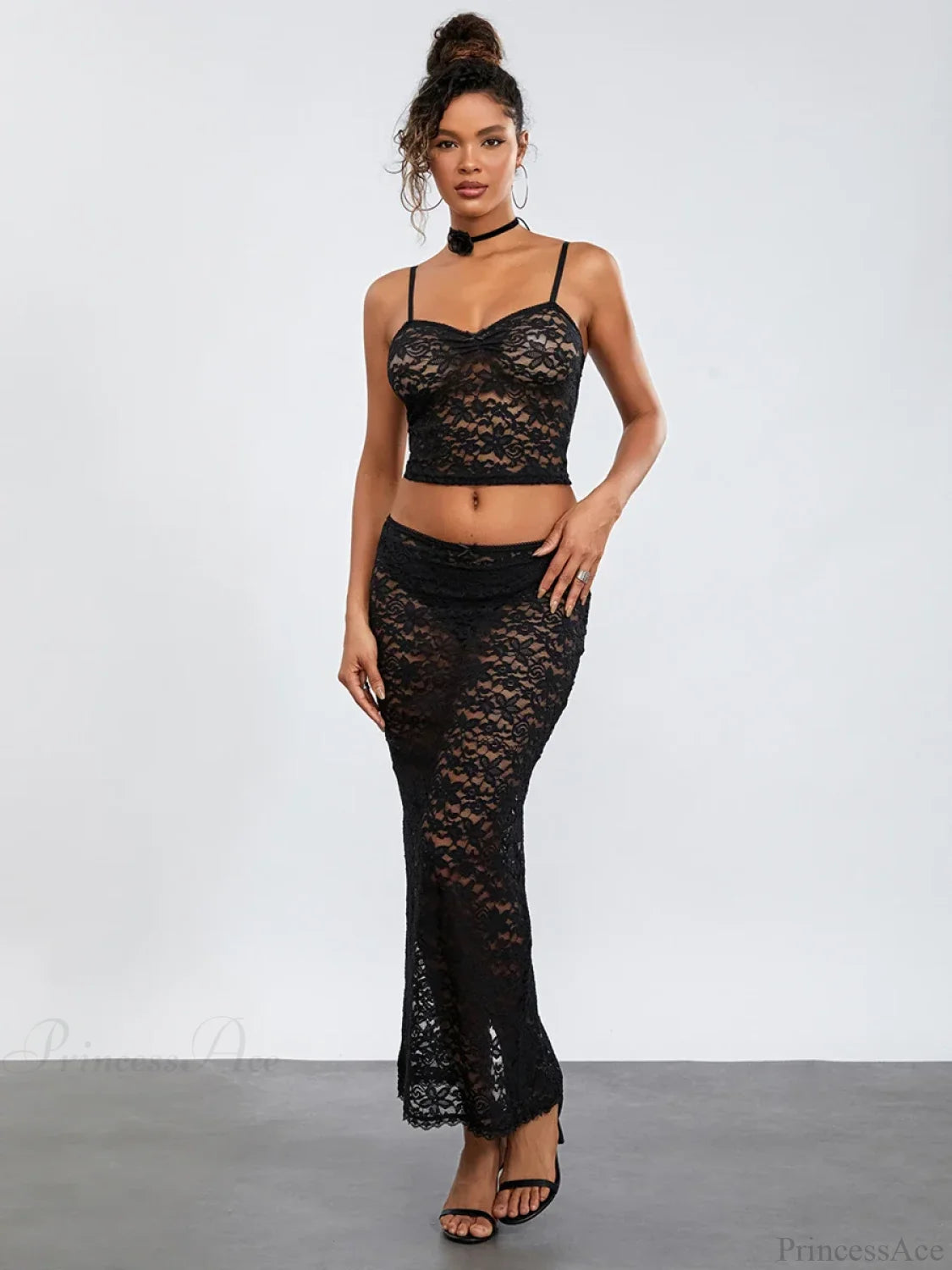 See-Through Black Lace Crochet Camis Crop Top Long Floral Skirt floraldress-250126