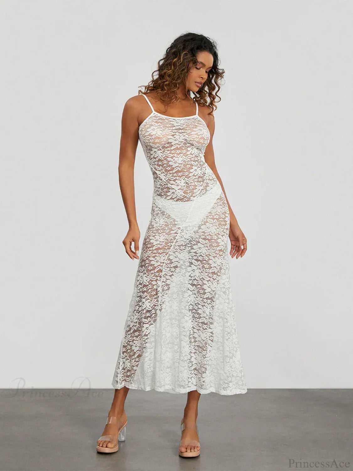 See-Through White Lace Sheer Backless Spaghetti Strap Sundress floraldress-250126