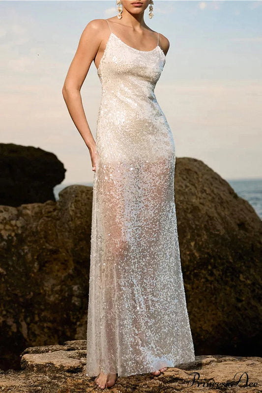 Sequin Backless Cami Stylish Maxi Dress White / S