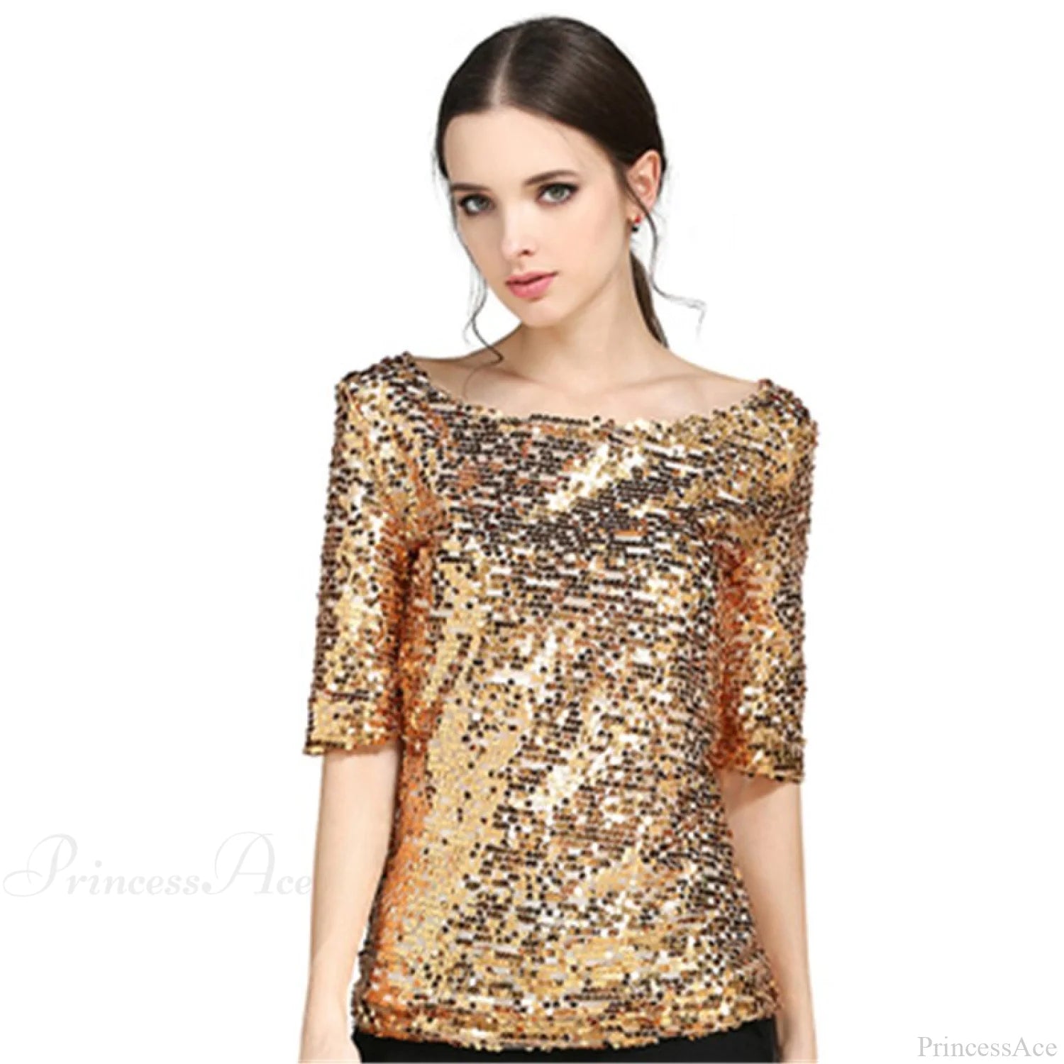 Sequined Embroidered Half Sleeve Oversized Shirt Gold / S