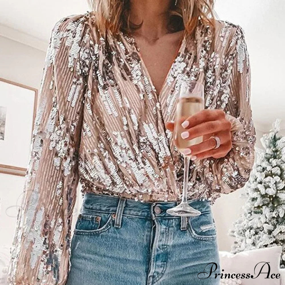 Sequins V Neck Office Lady Lantern Sleeve Blouse