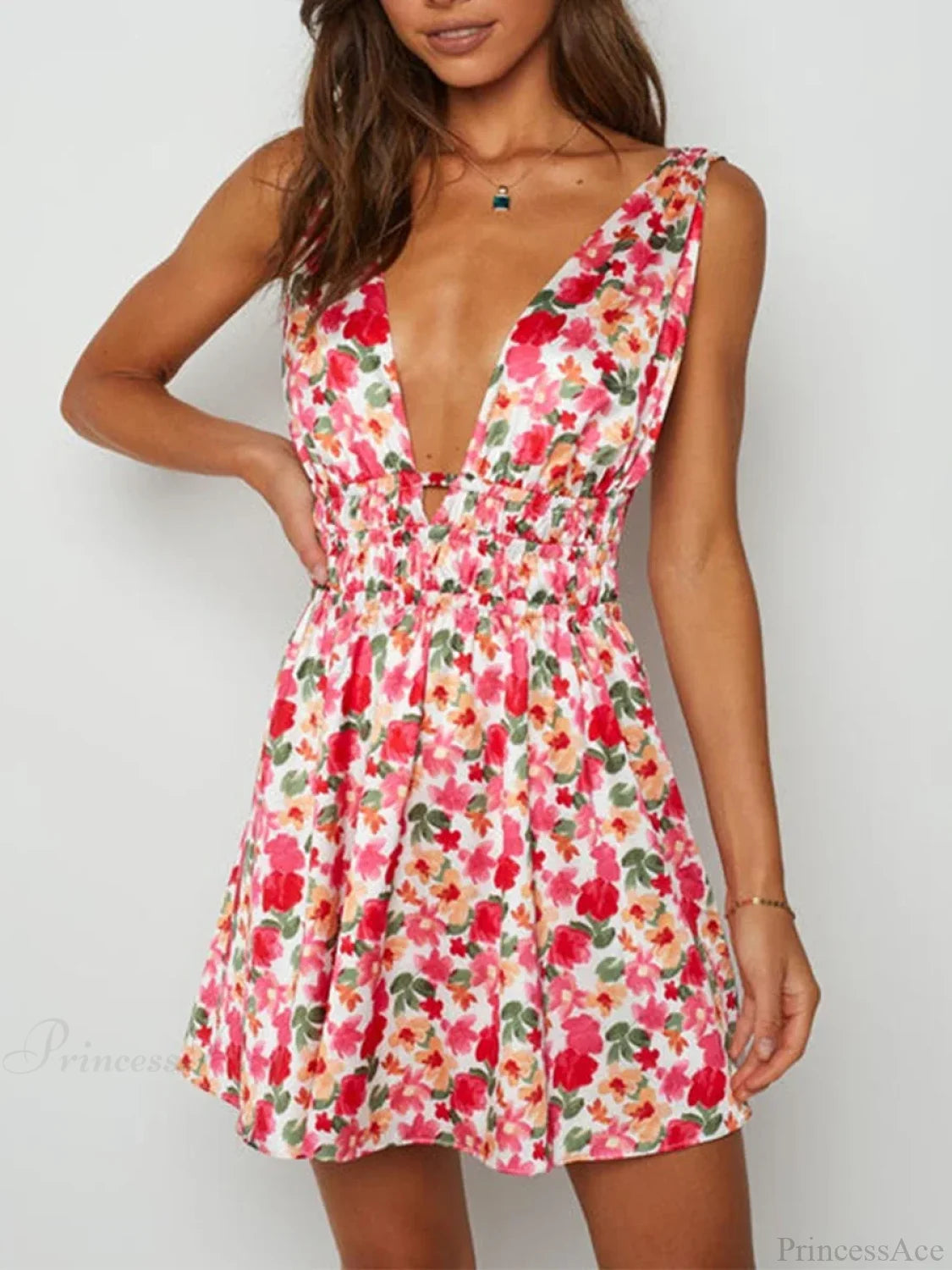 Sexy Backless V-neck Flower Print Mini Floral Dress floraldress-250126