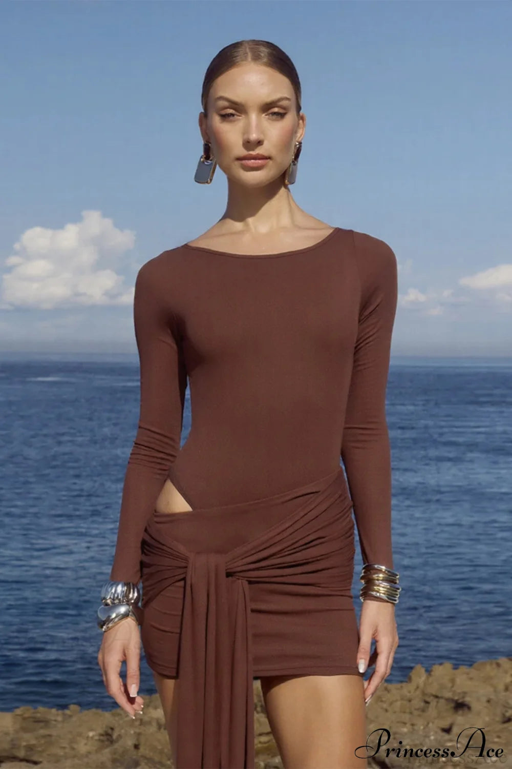 Sexy Crew Neck Lace-Up Bodycon Mini Dress Brown / XS