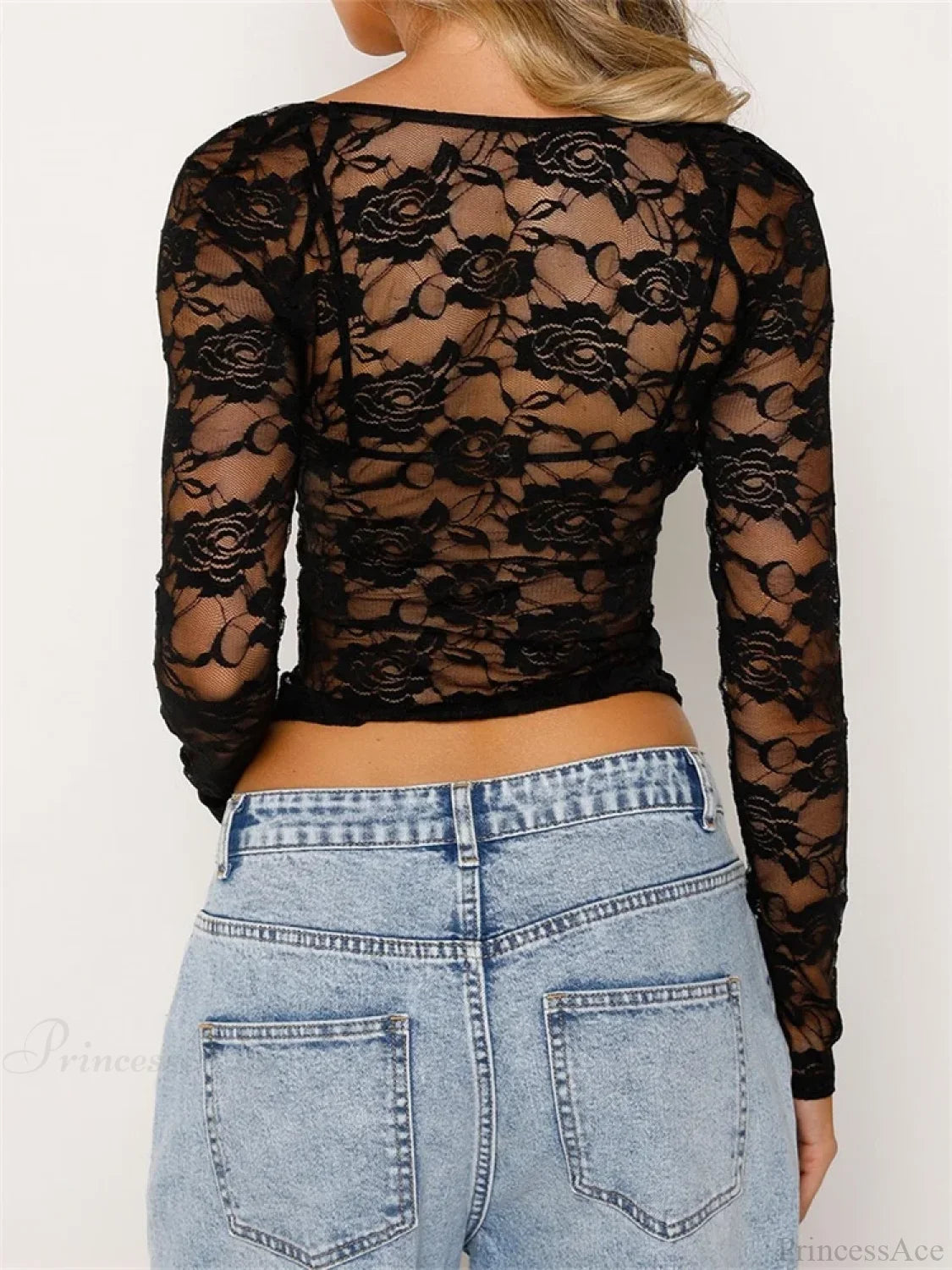 Sexy Floral Mesh Sheer Long Sleeve Crop Top croptop-250126