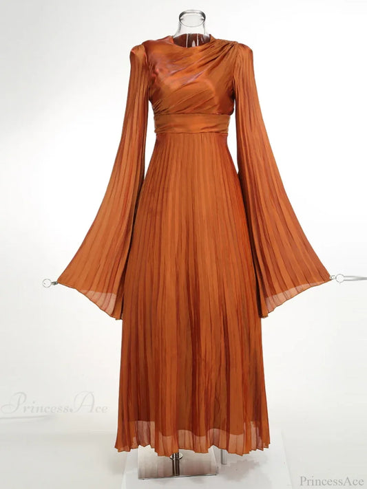 Sexy O Neck Batwing Sleeve Pleated Long Dress Women Rose Christmas Party Brown / Xs Dresses-L