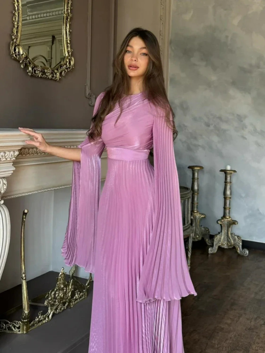 Sexy O Neck Batwing Sleeve Pleated Long Dress Women Rose Christmas Party Dresses-L