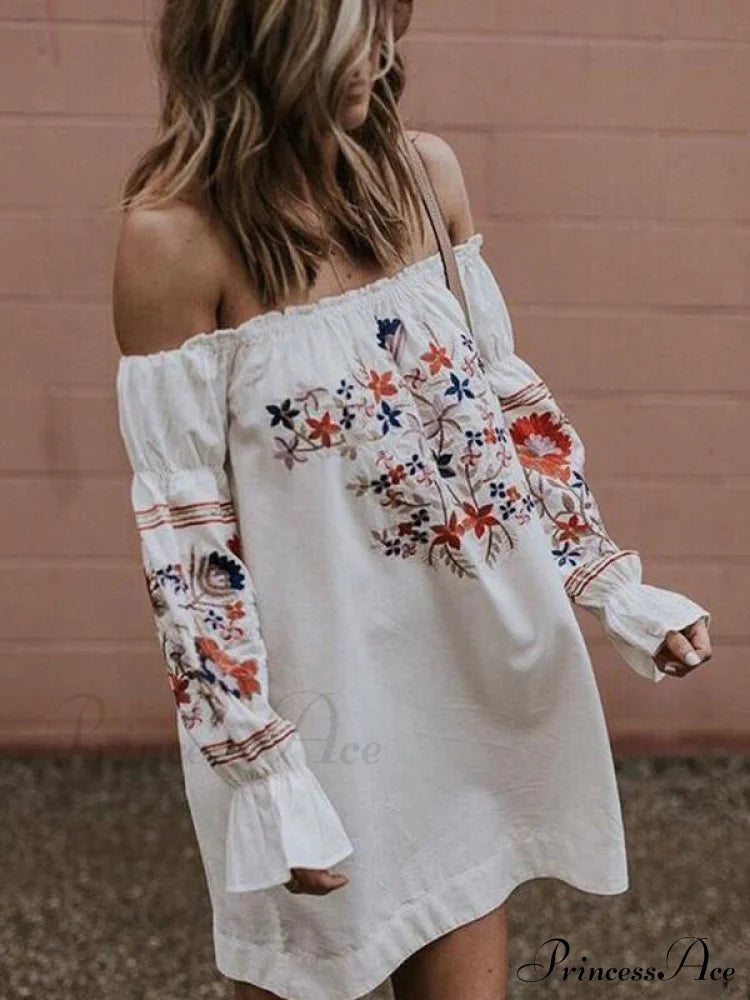 Sexy Off-The-Shoulder Mini Flared With Gown Sleeves M / Blue Dresses