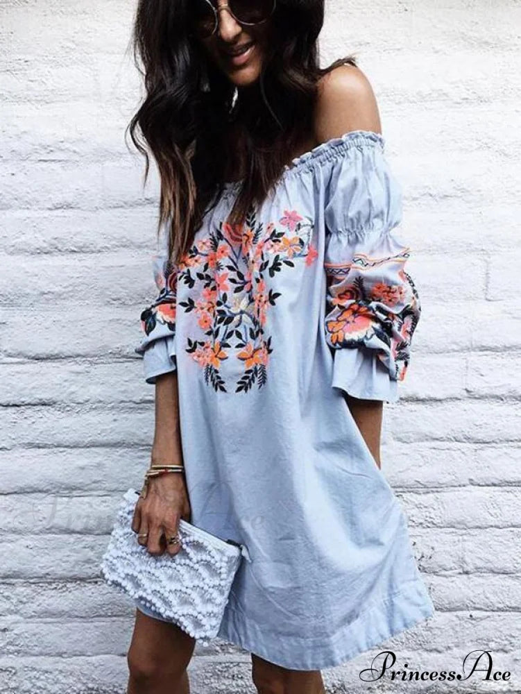 Sexy Off-The-Shoulder Mini Flared With Gown Sleeves S / Blue Dresses