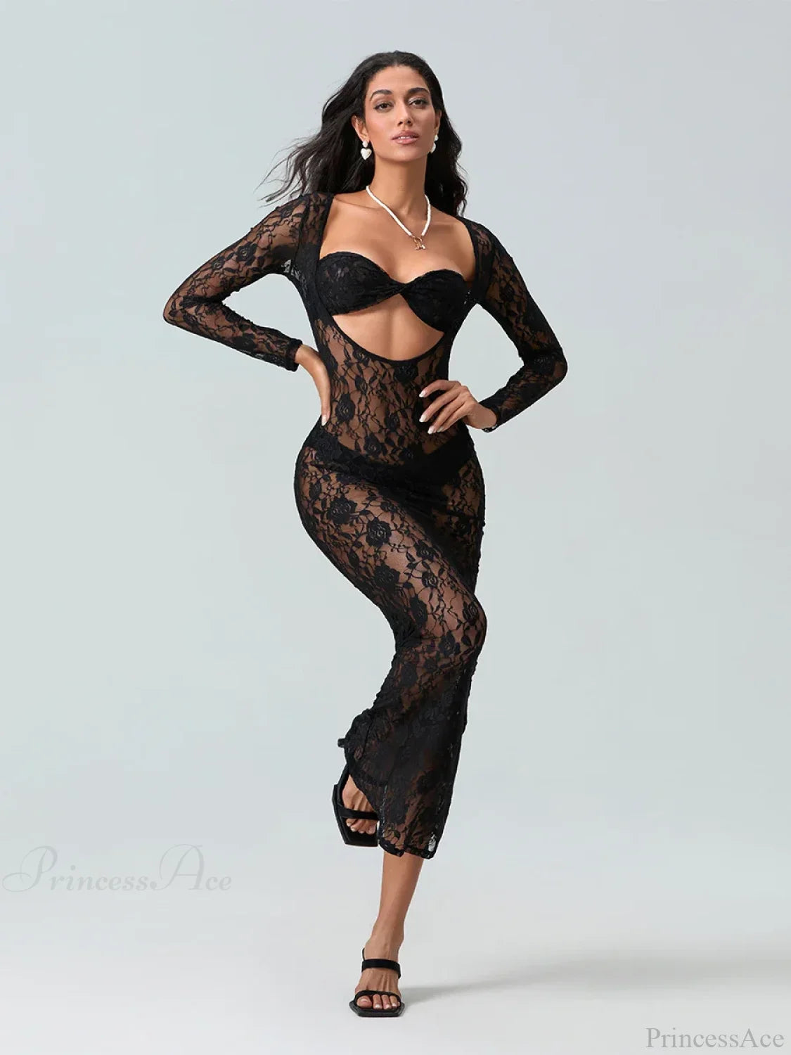 Sexy See-Through Lace Sheer Long Sleeve Beach Floral Dress floraldress-250126