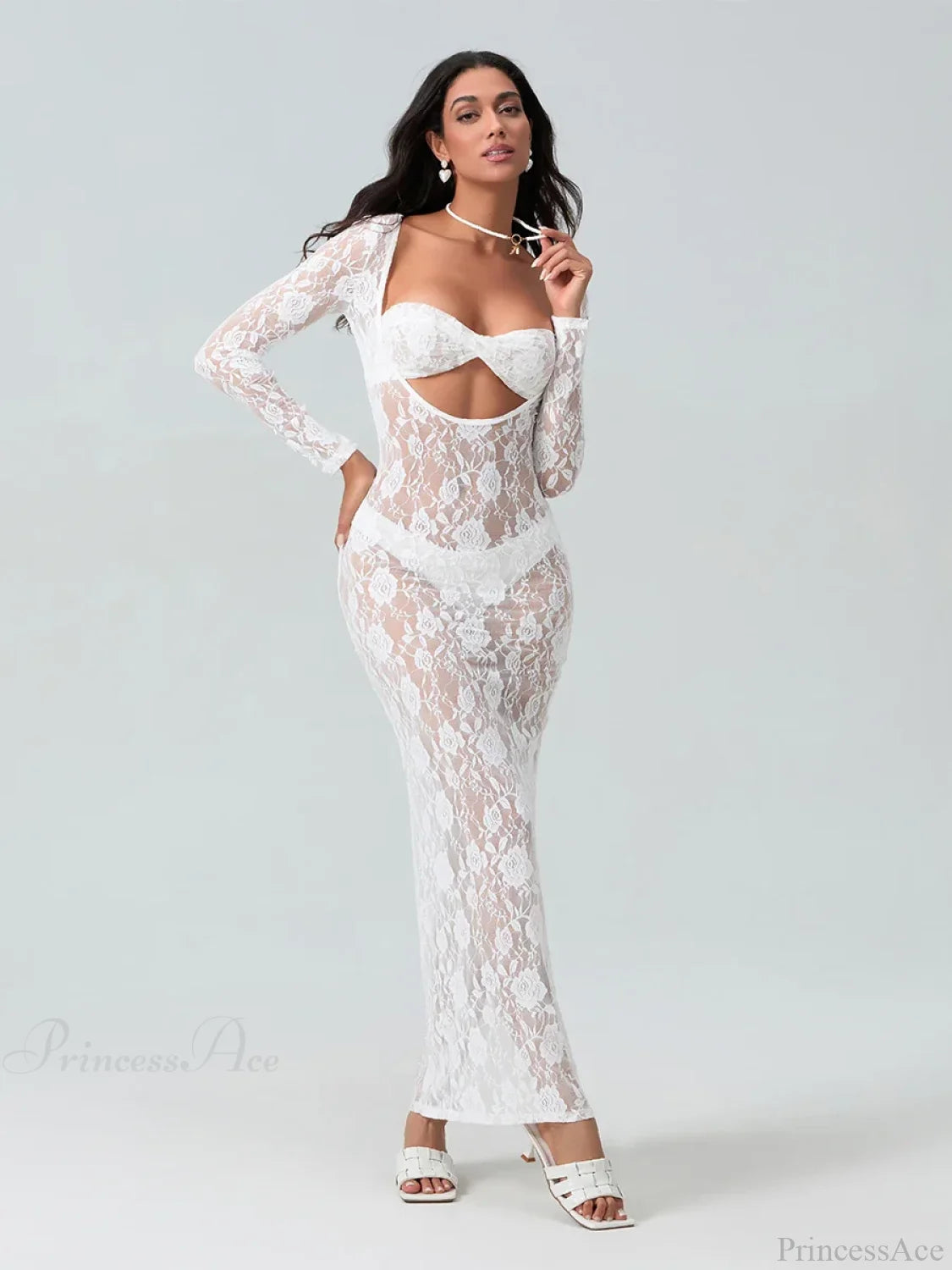 Sexy See-Through Lace Sheer Long Sleeve Beach Floral Dress floraldress-250126