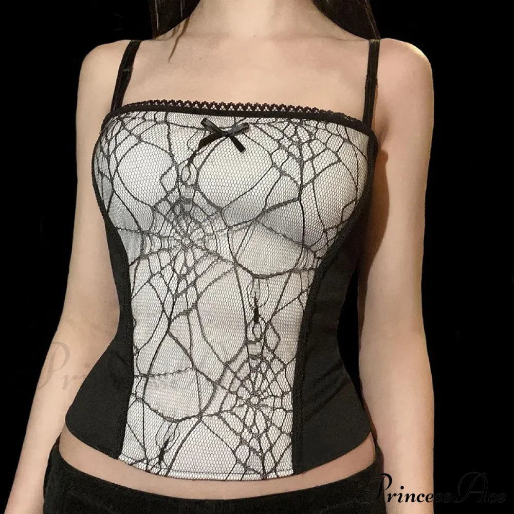 Sexy Spider Web Lace Patchwork Gothic Punk Sleeveless Square Collar Trendy Stylish Crop Top White /