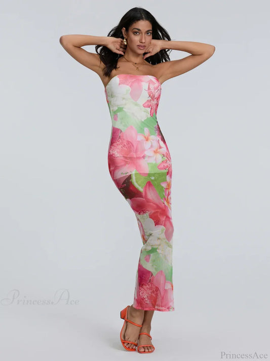 Sexy Strapless Bodycon Off-Shoulder Backless Sheath Floral Night Gown floraldress-250126