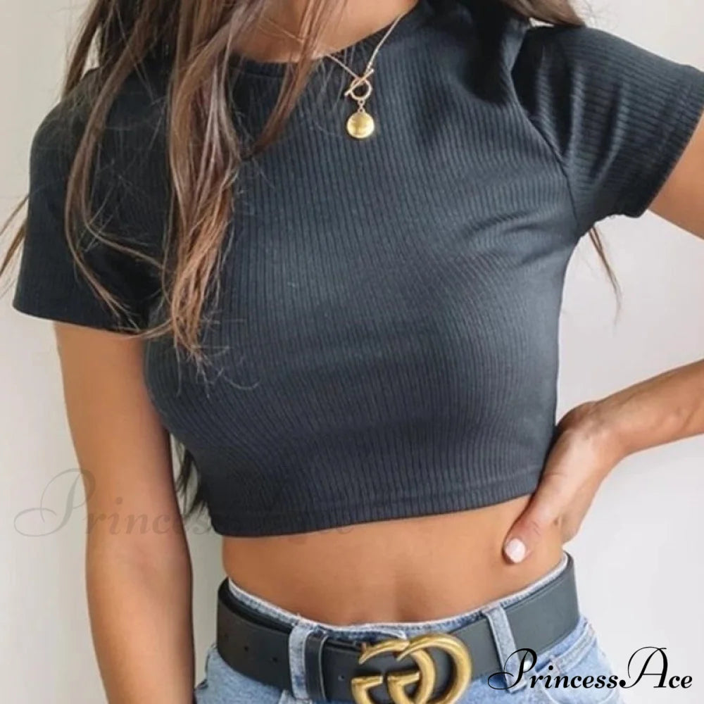 Sexy Streetwear Ribber Black Short Sleeve Tops