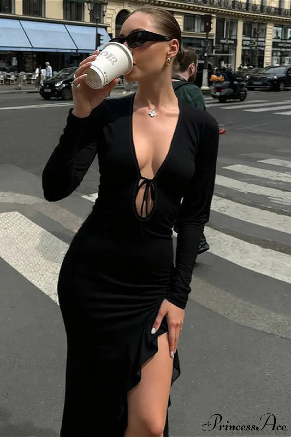 Sexy U Neck Tie Side Slit Long Sleeve Bodycon Maxi Dress