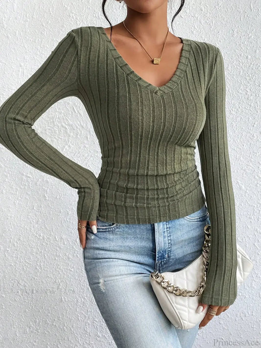 Sexy V-Neck High-Grade Spice Sweater Knitted T-shirt Women army green / XS knittop-250126