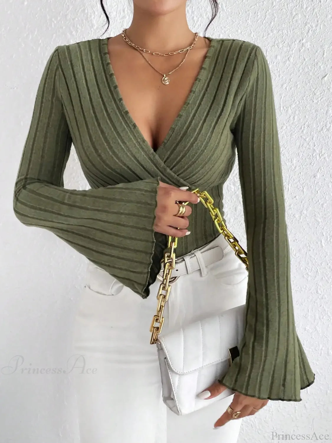 Sexy V-Neck Solid Color Slim Long Sleeve T-shirt Women Army green / XS knittop-250126