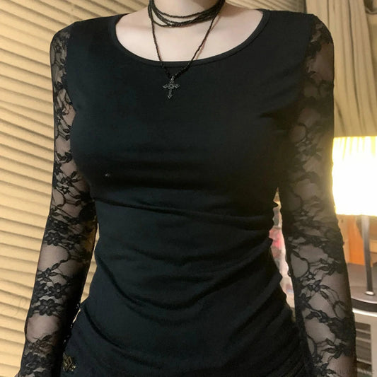 Sheer Lace Backless Knit Top Black / S