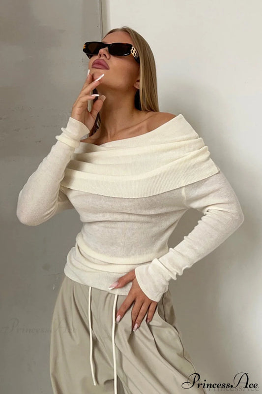 Sheer Off-Shoulder Fitted Solid Pullover Knit Top