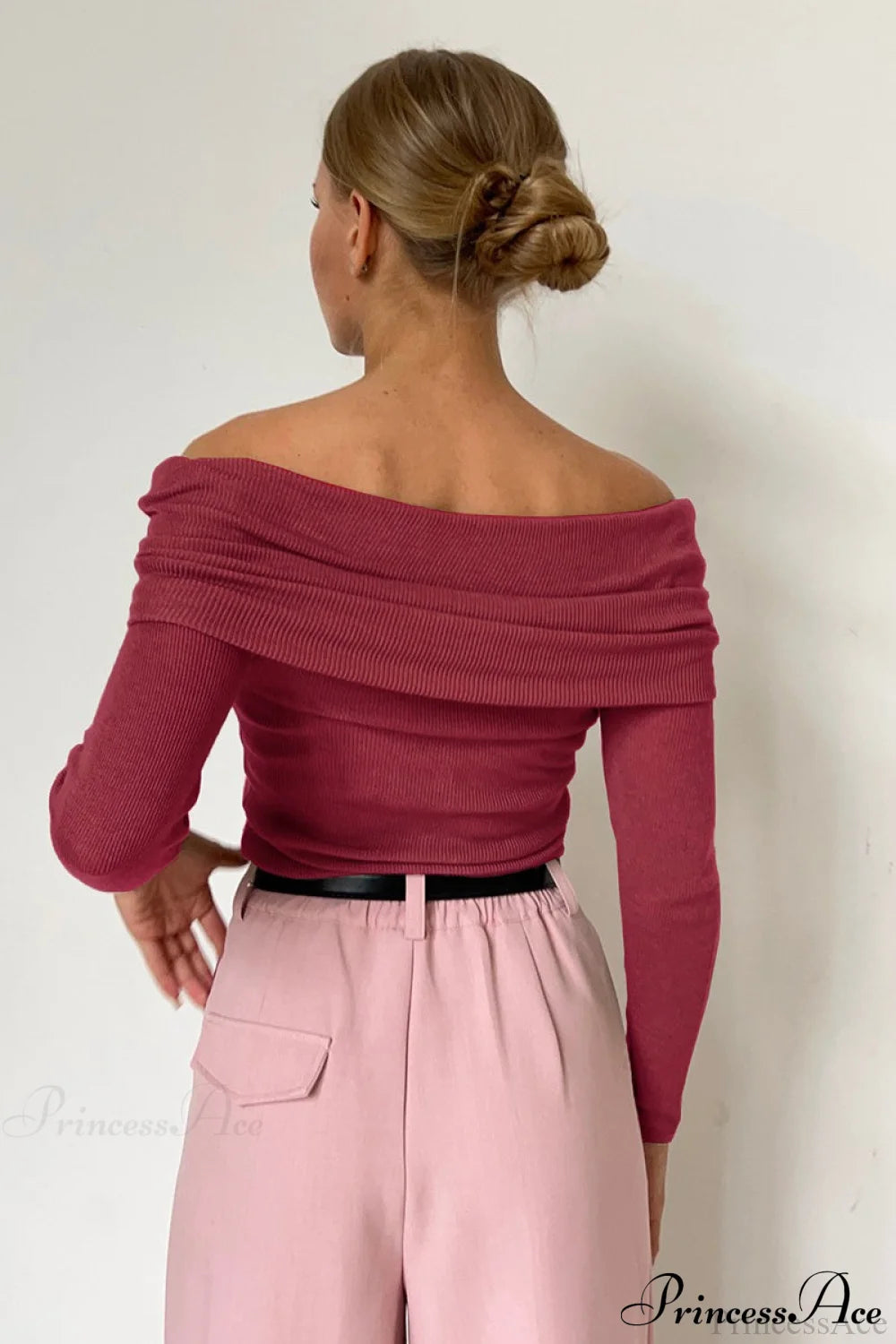 Sheer Off-Shoulder Fitted Solid Pullover Knit Top