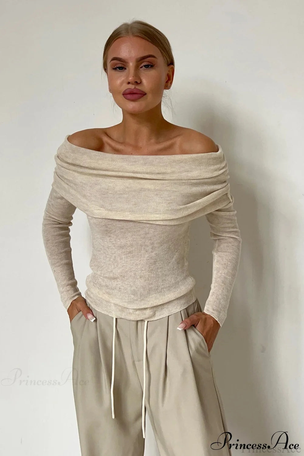 Sheer Off-Shoulder Fitted Solid Pullover Knit Top Oatmeal / S