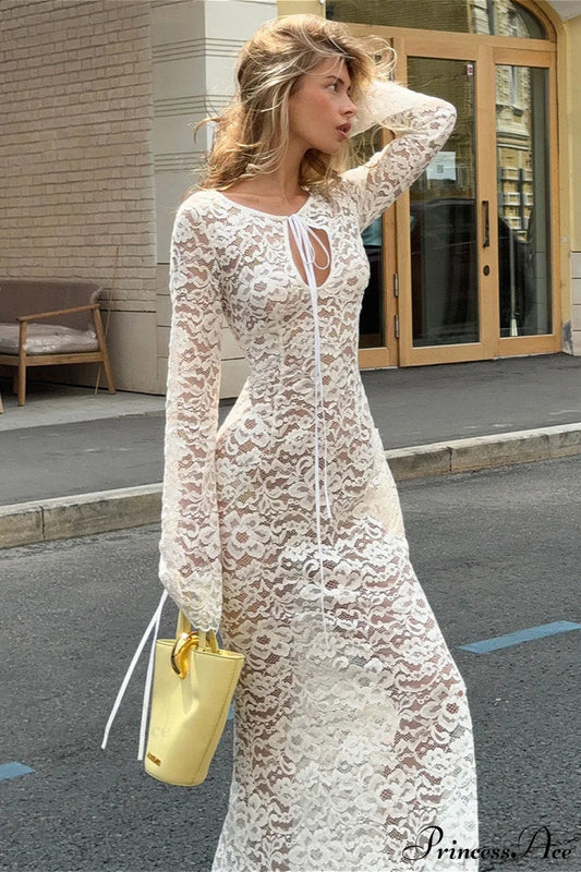 Sheer Round Neck Lace Long Sleeve Elegant Maxi Dress White / S