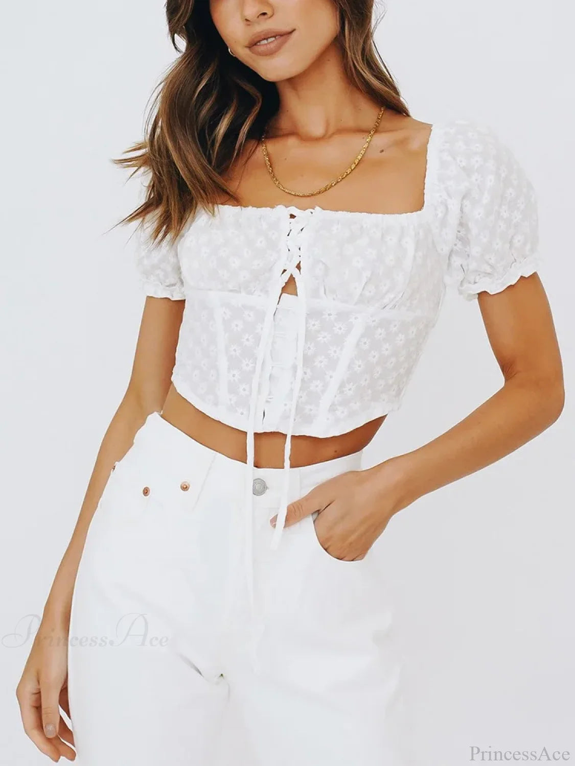 Short Puff Sleeve Embroidery Smocked Tie Bow Crop Blouse WHITE / S croptop-250126