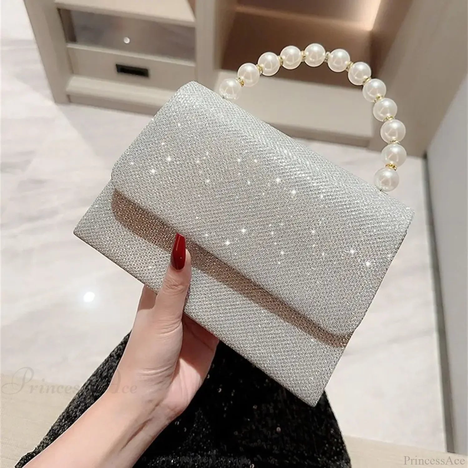Silk Evening Clutch Gold Pearl Chain Bag silver clutchbag-250126