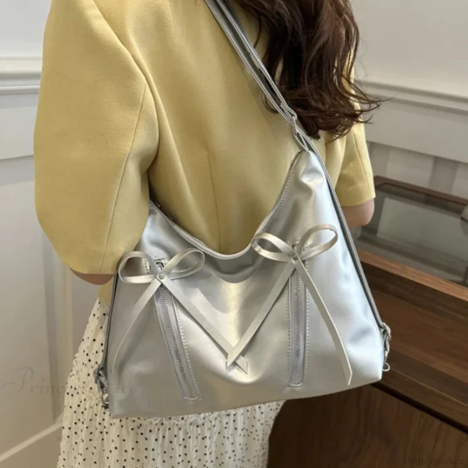 Silver Bow PU Leather Shoulder Bag shoulder-250126