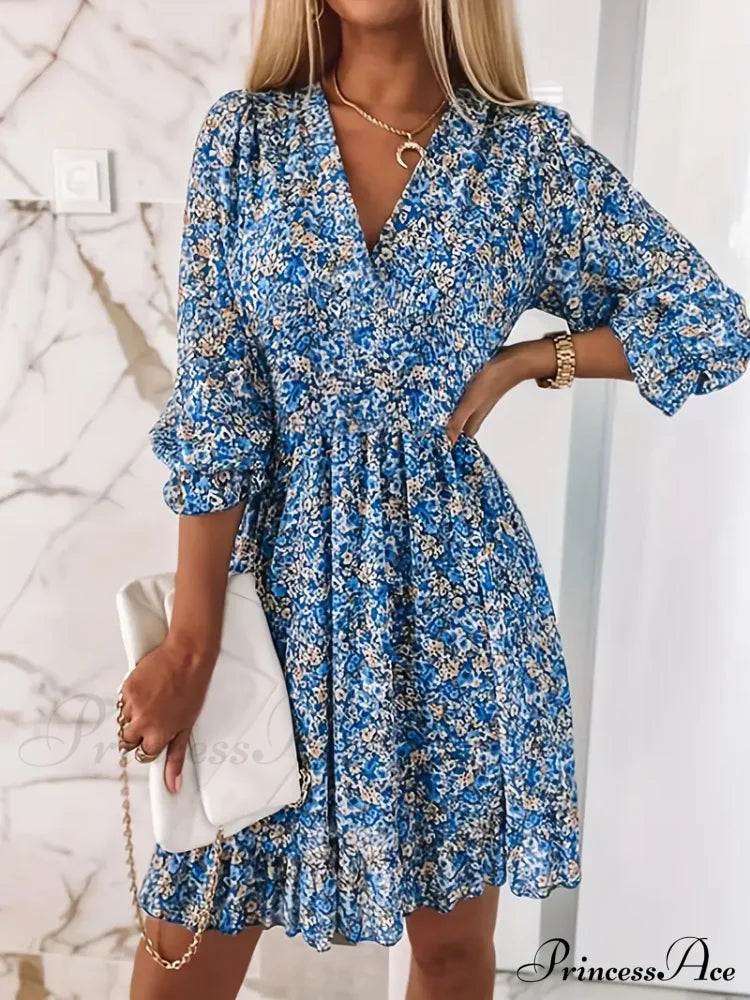 Sleeves With Gown Green And Puff Flowered Bohemian Print M / Green V Neck Summer Dress