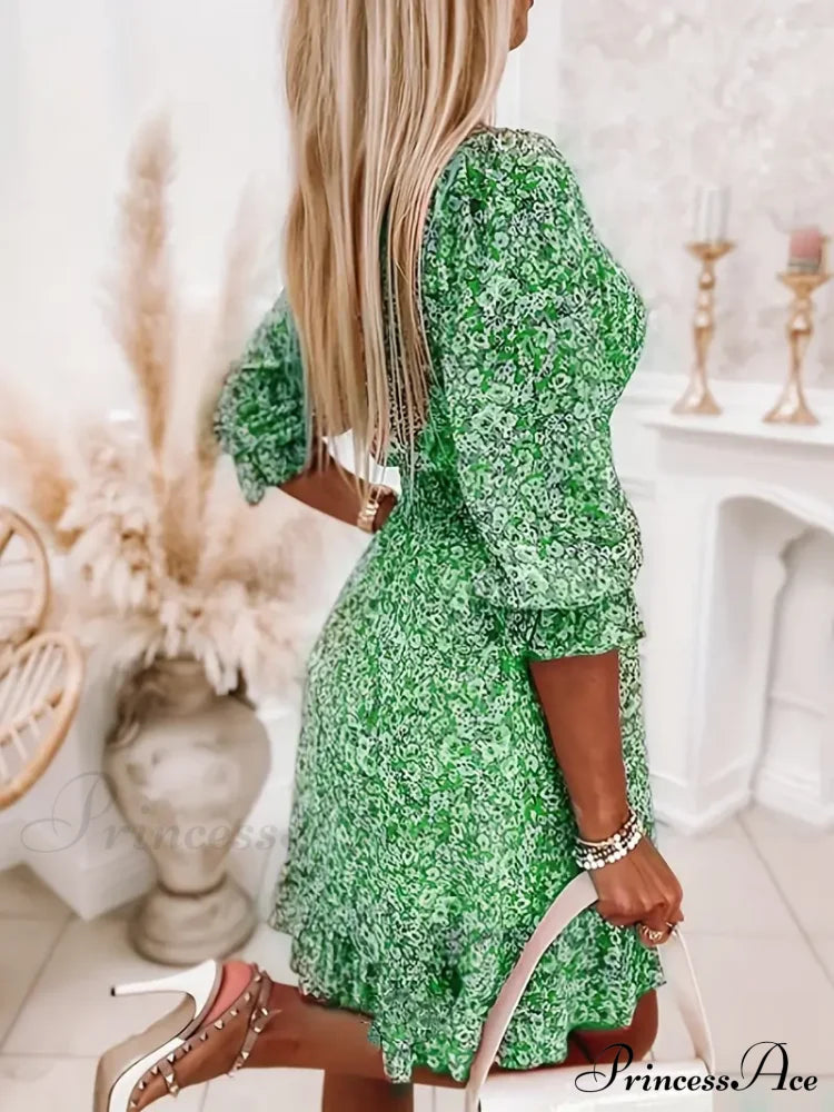 Sleeves With Gown Green And Puff Flowered Bohemian Print S / Green V Neck Summer Dress