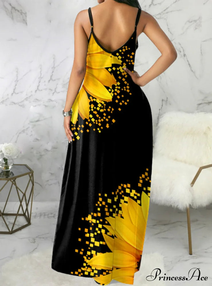 Slim Casual With Trim Ruffles Colorblock Women’s Gown Print M / Yellow Dresses