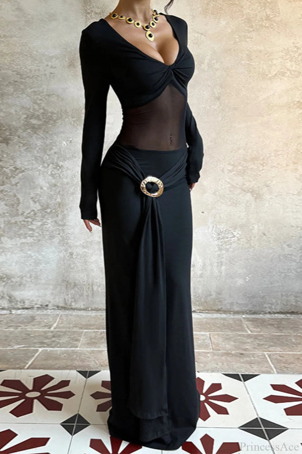 Slim Deep V Mesh Spliced Elegant Maxi Dress