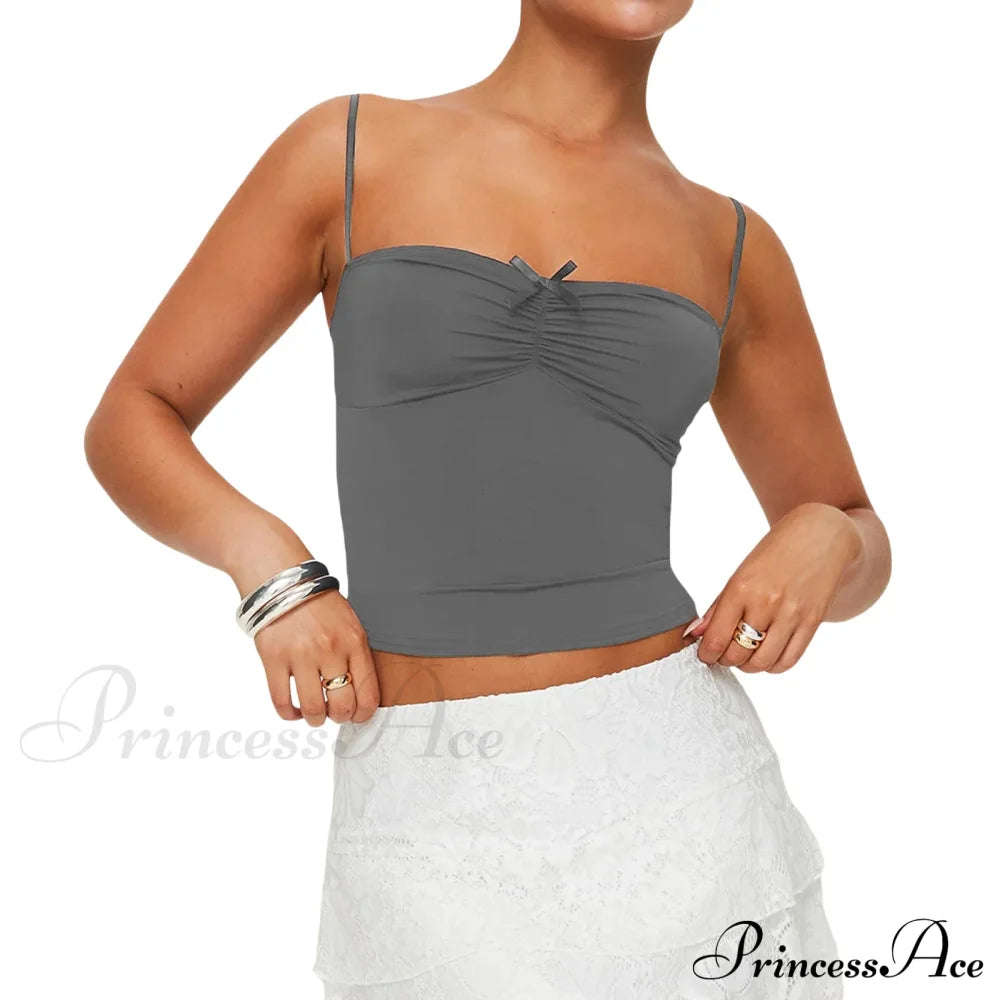 Slim Fit 3D Bow Ruched Sweetheart Neck Backless Spaghetti Strap Stylish Elegant Crop Top Dark Grey
