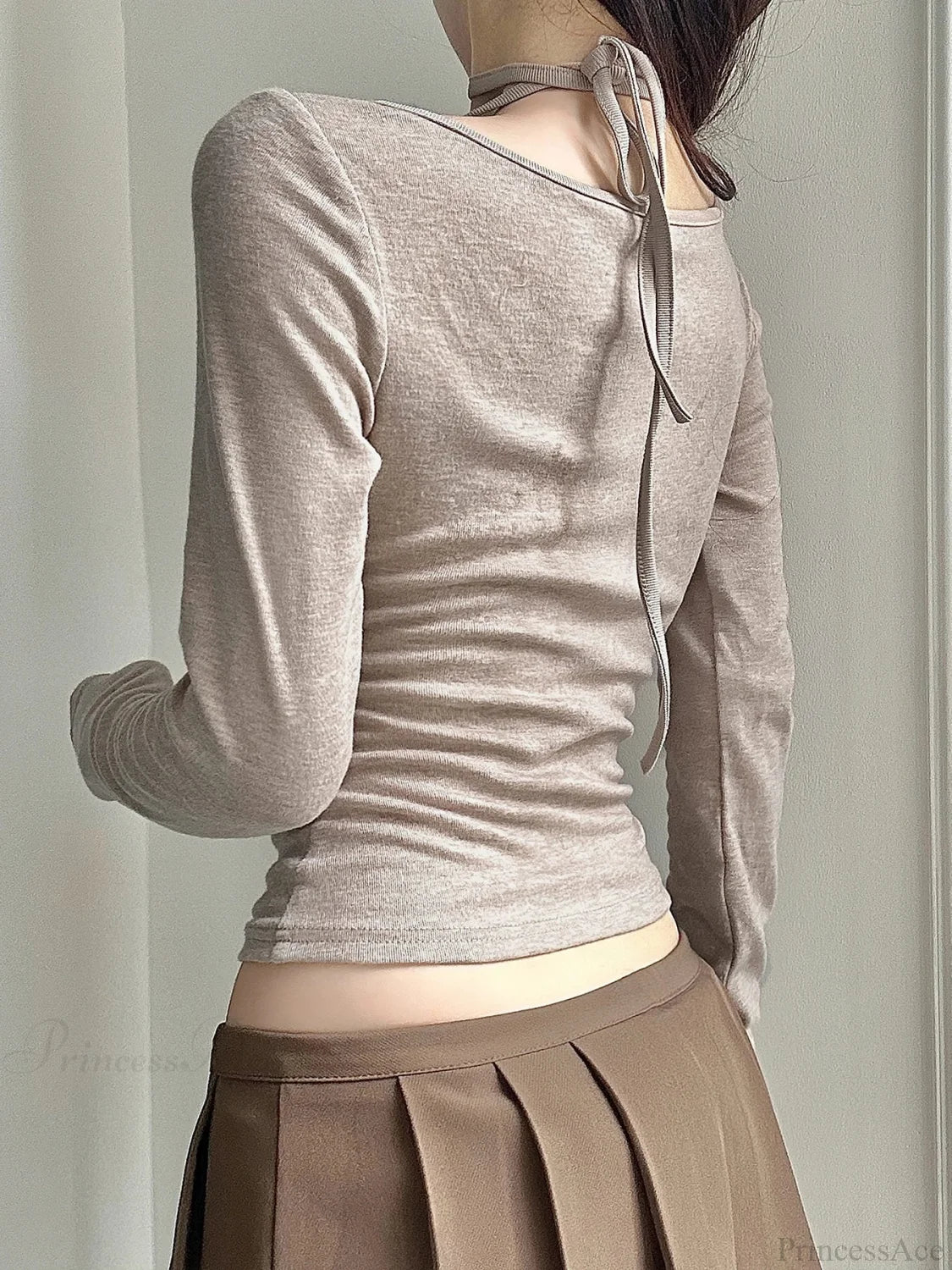 Slim Lace Trim Halter V-Neck Long Sleeve Knit Top knittop-250126