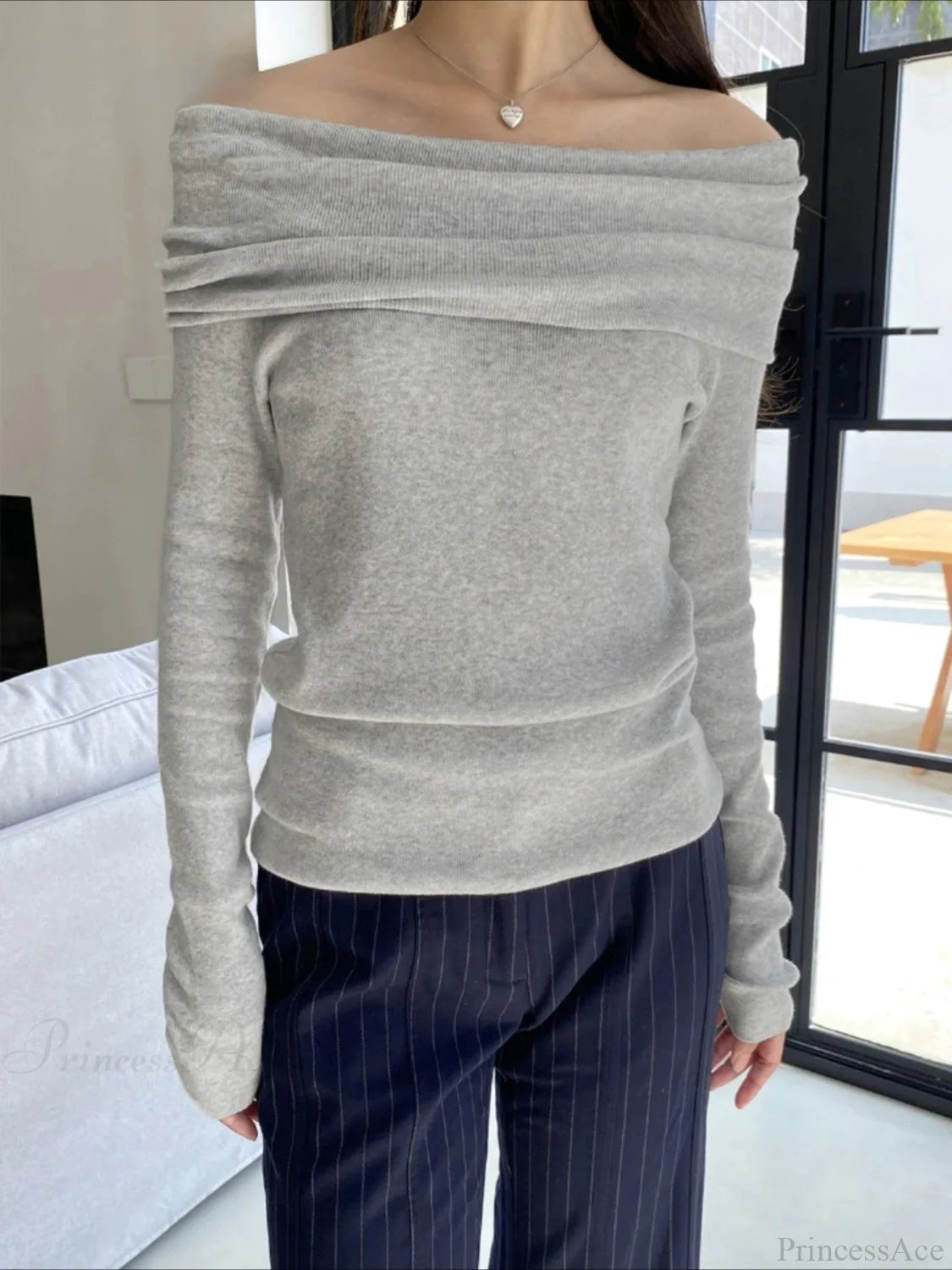 Slim Off-Shoulder Solid Slash Neck Long Sleeve Knit Top GRAY / S knittop-250126