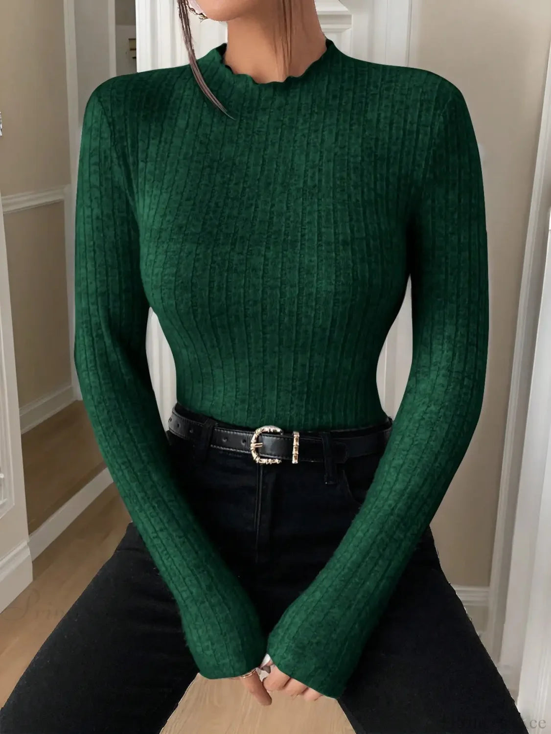 Slim Ruffle Neck Lace Mid-Collar Striped Sweater Knit Top Women green / XS knittop-250126