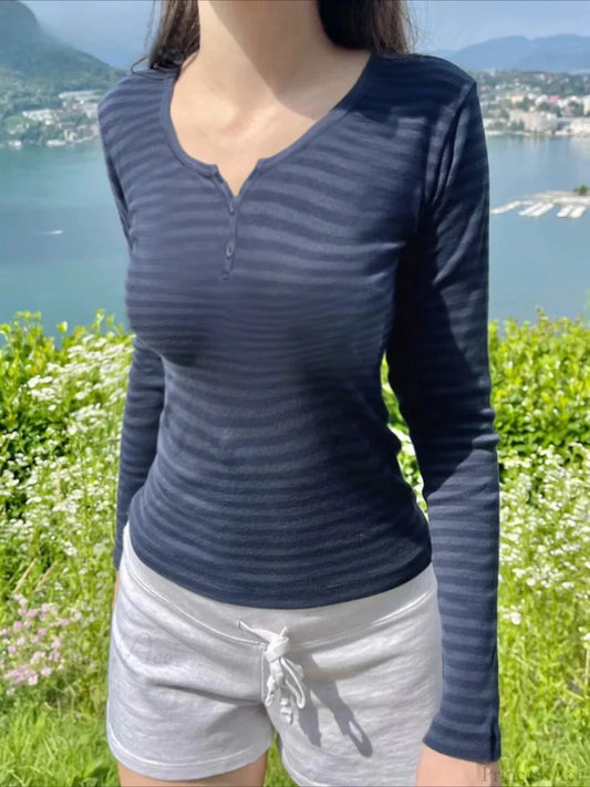 Slim Striped Basic O-Neck Long Sleeve Knit Top Blue / S knittop-250126