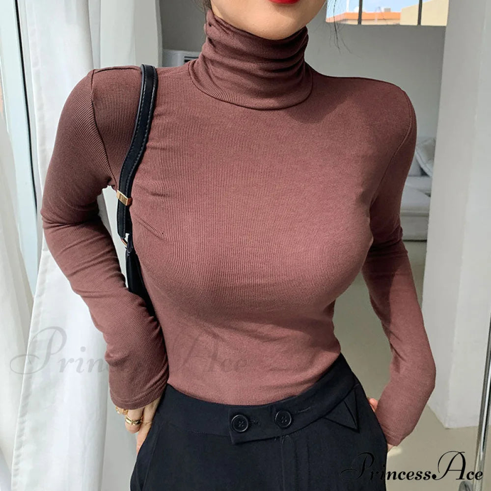 Slim Velvet Turtleneck Minimalist Tops Coffee / S