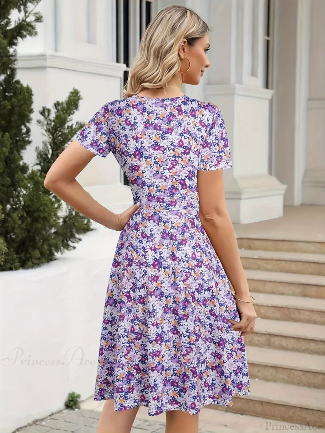 Slim Waist Floral Print Summer Round Neck Dress oldfloraldress-250126