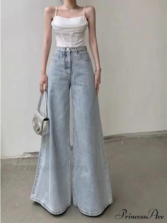Slimming Vintage Flared Loose Fitting High-Waisted Denim Mop Floor Length Jean Light Blue / Xs