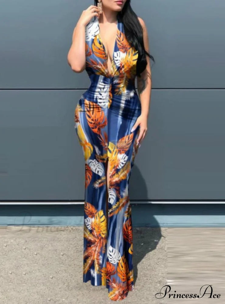 Slit Sunflower Gown Full-Length In Plunge Design Black M / Blue Dresses