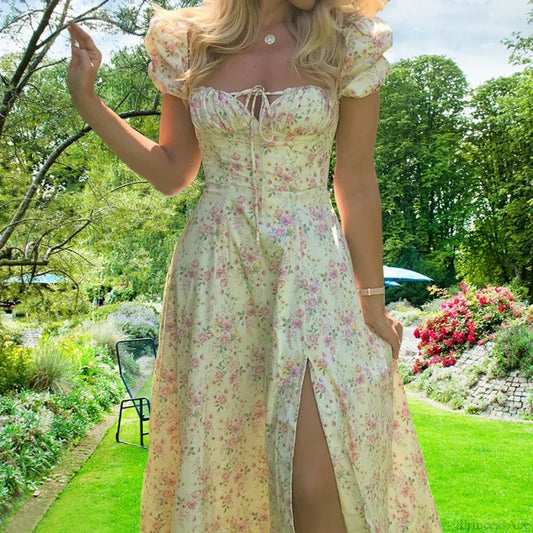 Small Fresh Floral Slim Fit Slit Camisole Floral Dress Beige / S floraldress-250126