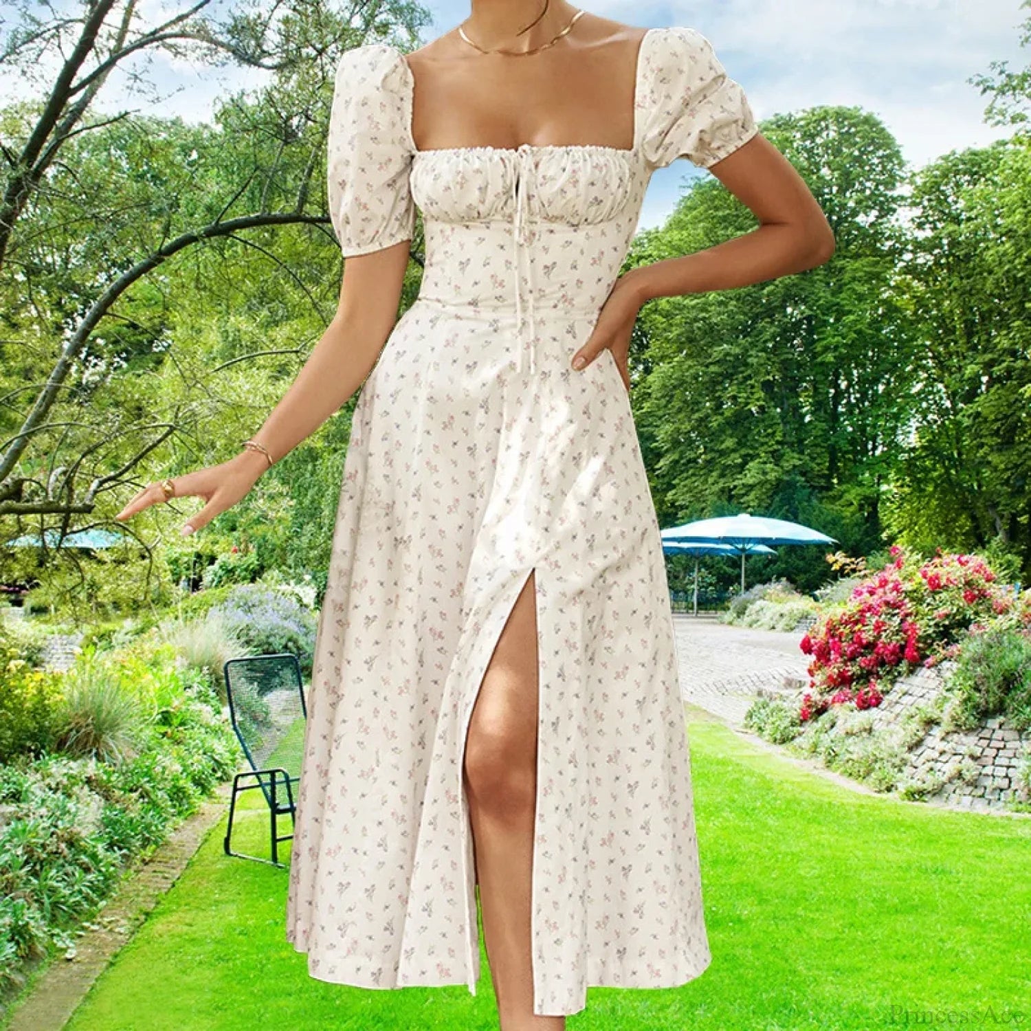 Small Fresh Floral Slim Fit Slit Camisole Floral Dress Ivory / S floraldress-250126