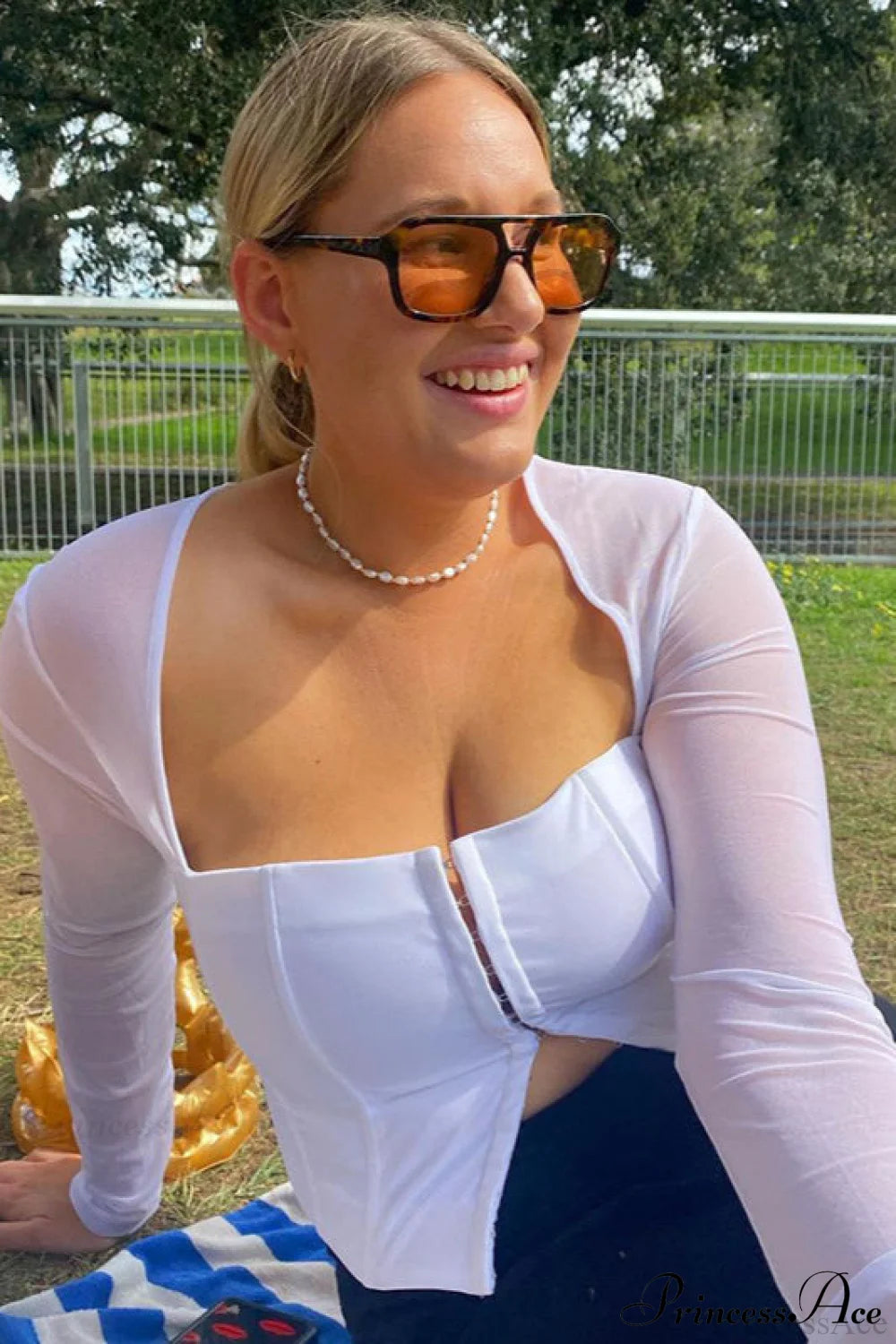 Solid Cardigan Hook Waist Tulle Long Sleeve Crop Top White / XS