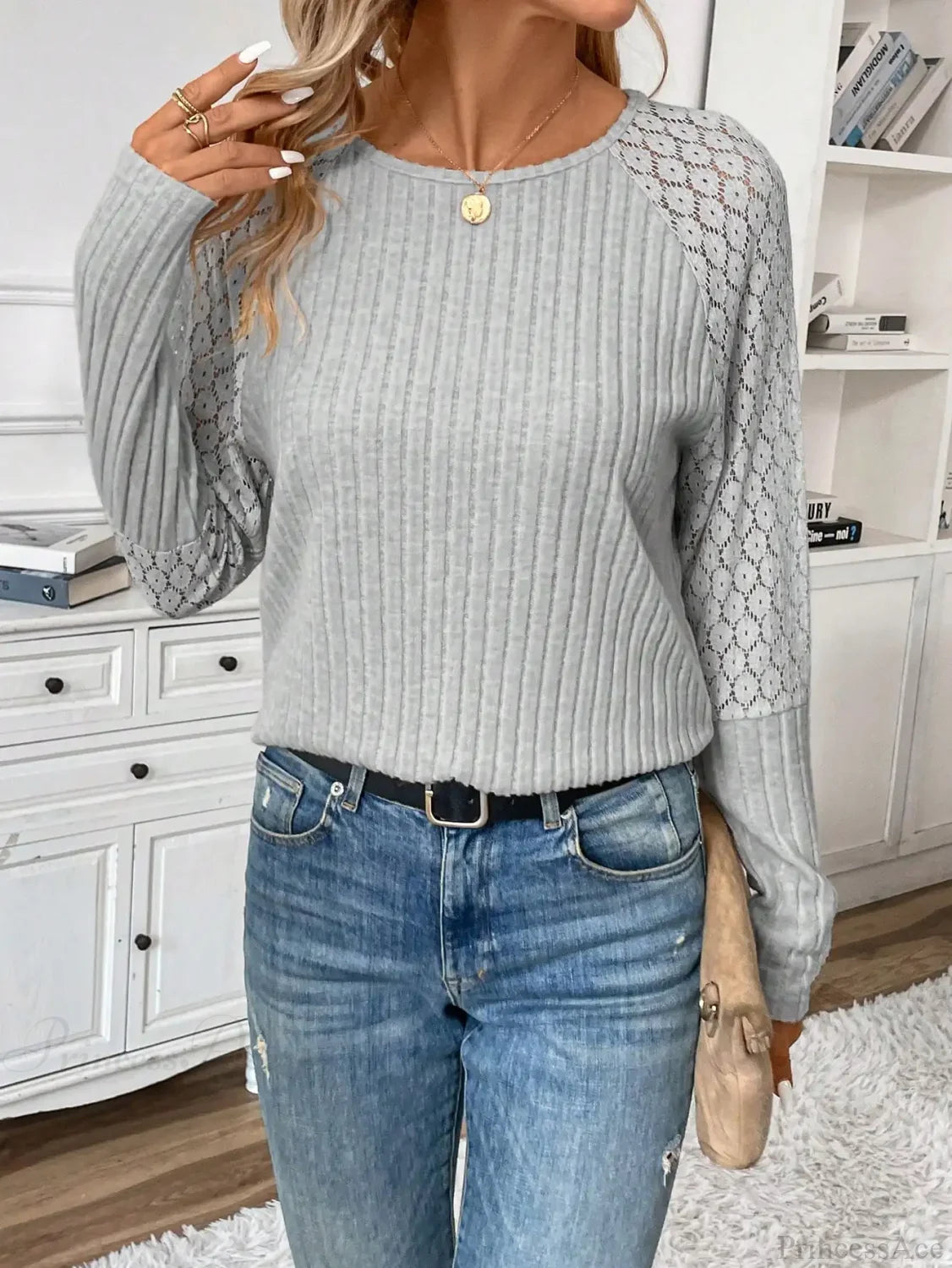 Solid Color Design Sense Knitted Long Sleeve Top Women gray / XS knittop-250126
