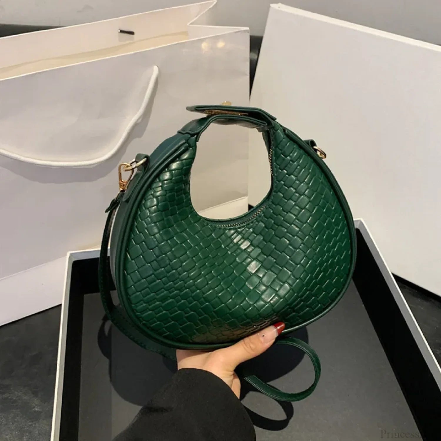 Solid Color PU Leather Lattice Crossbody Handbag Green handbag-250126