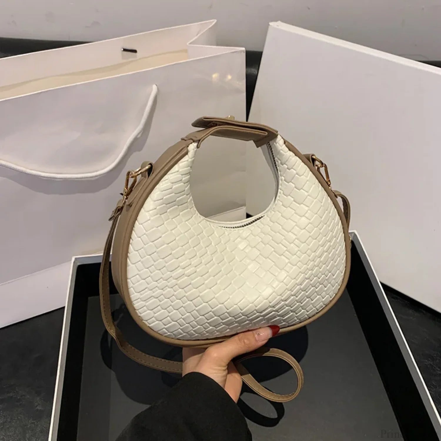 Solid Color PU Leather Lattice Crossbody Handbag White handbag-250126