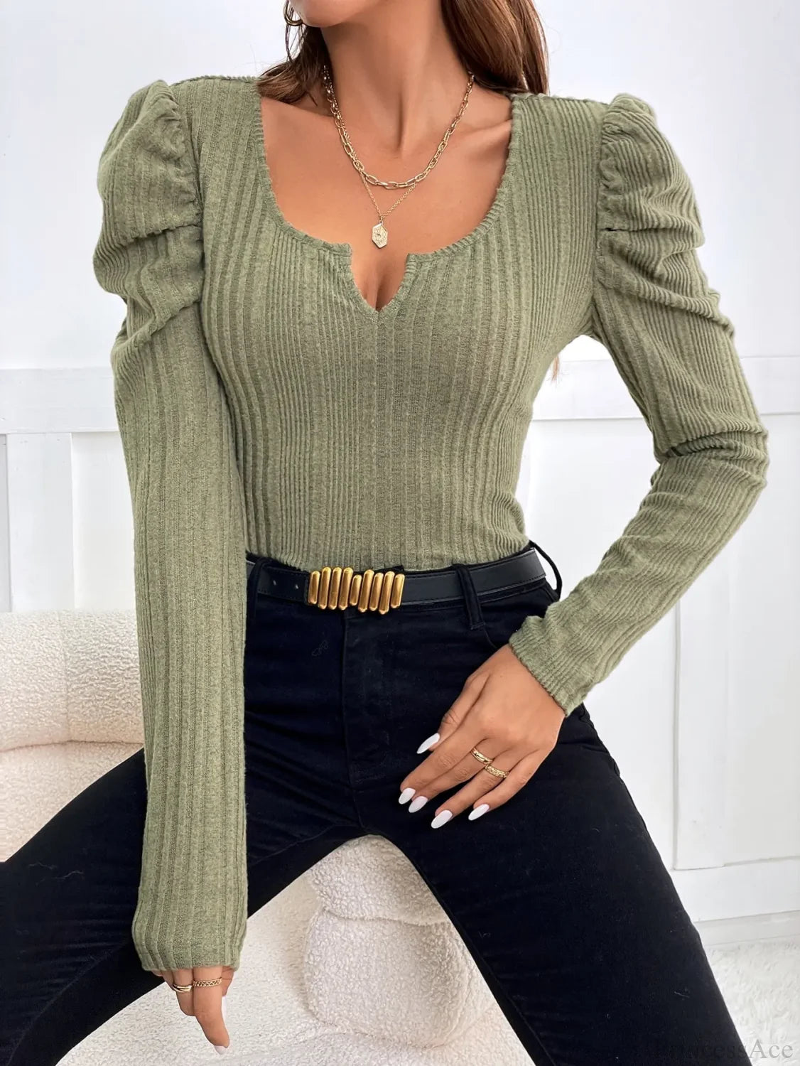Solid Color Semi-Open Neck Autumn Slim Knit Top knittop-250126