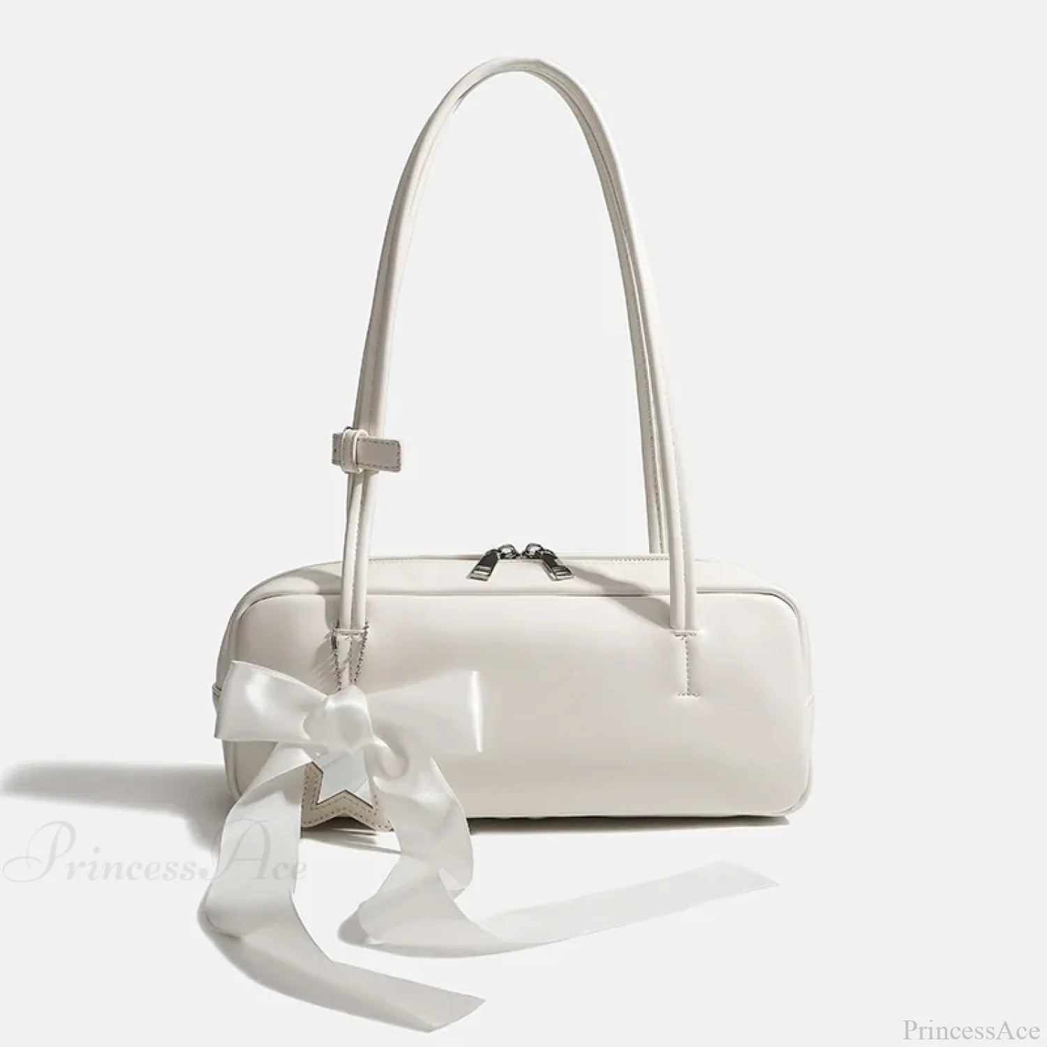Solid Color Zipper Shoulder Bag for Women White with bow shoulder-250126
